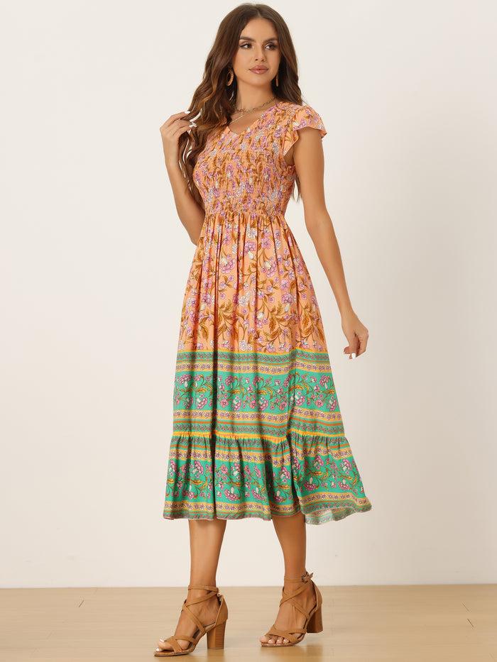 Allegra K Ruffled Flutter Sleeve Smocked Boho Floral Shirred Midi Dress