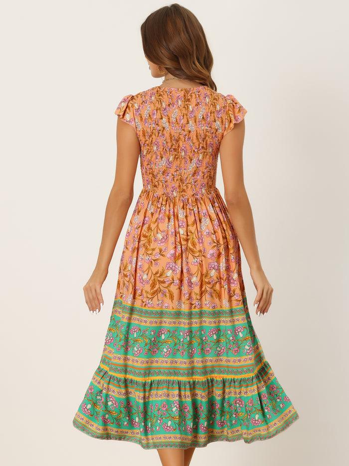 Allegra K Ruffled Flutter Sleeve Smocked Boho Floral Shirred Midi Dress