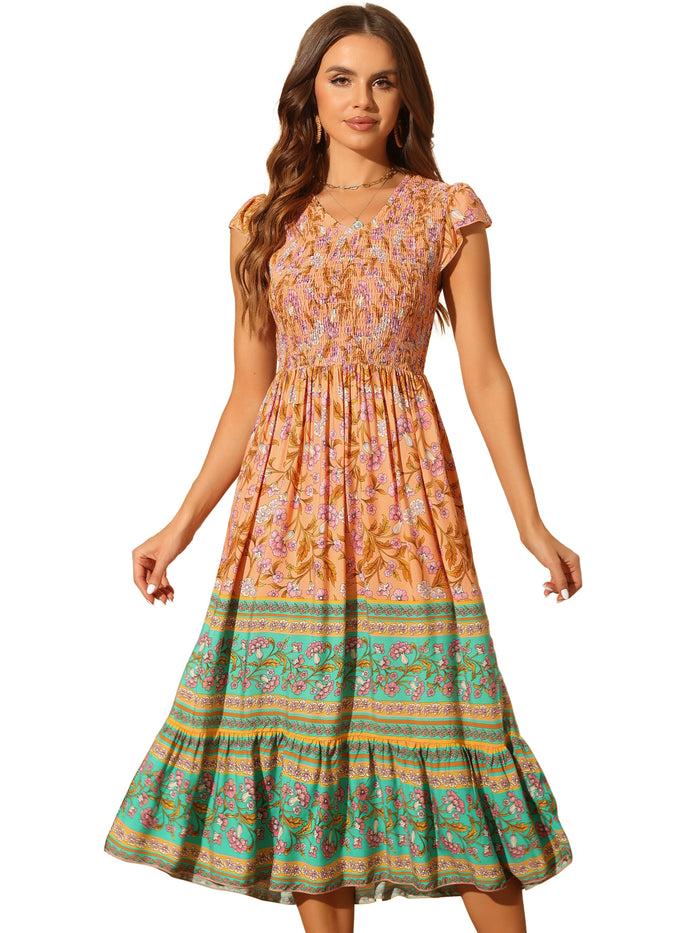 Allegra K Ruffled Flutter Sleeve Smocked Boho Floral Shirred Midi Dress