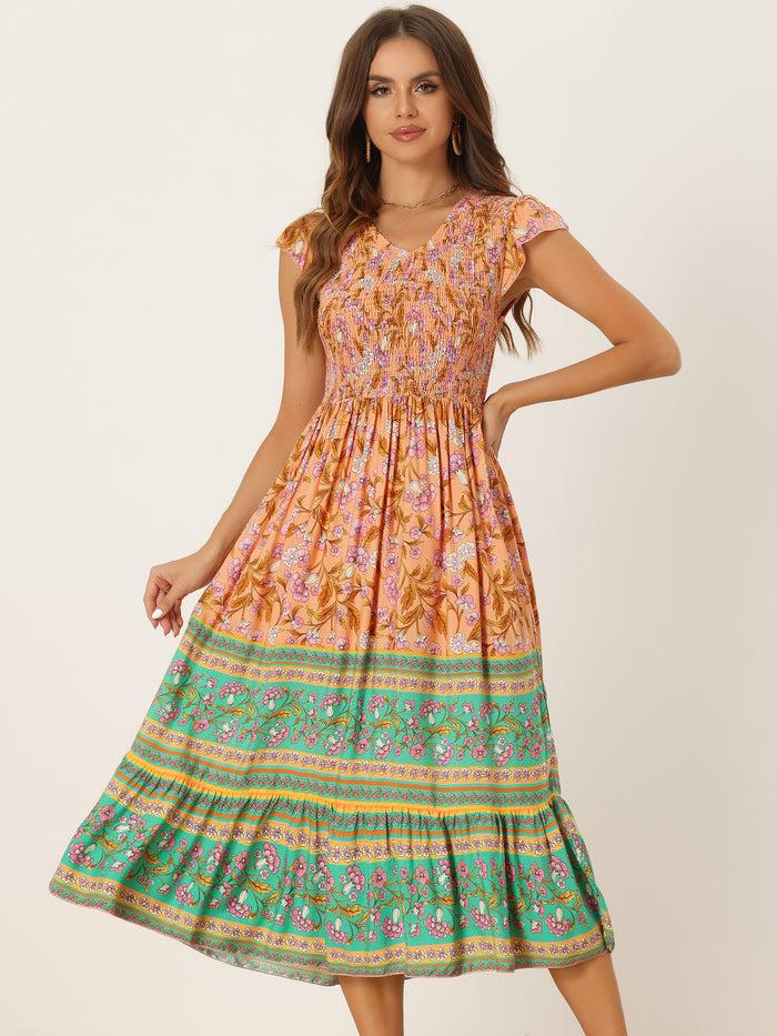 allegra k Ruffled Flutter Sleeve Smocked Boho Floral Shirred Midi Dress