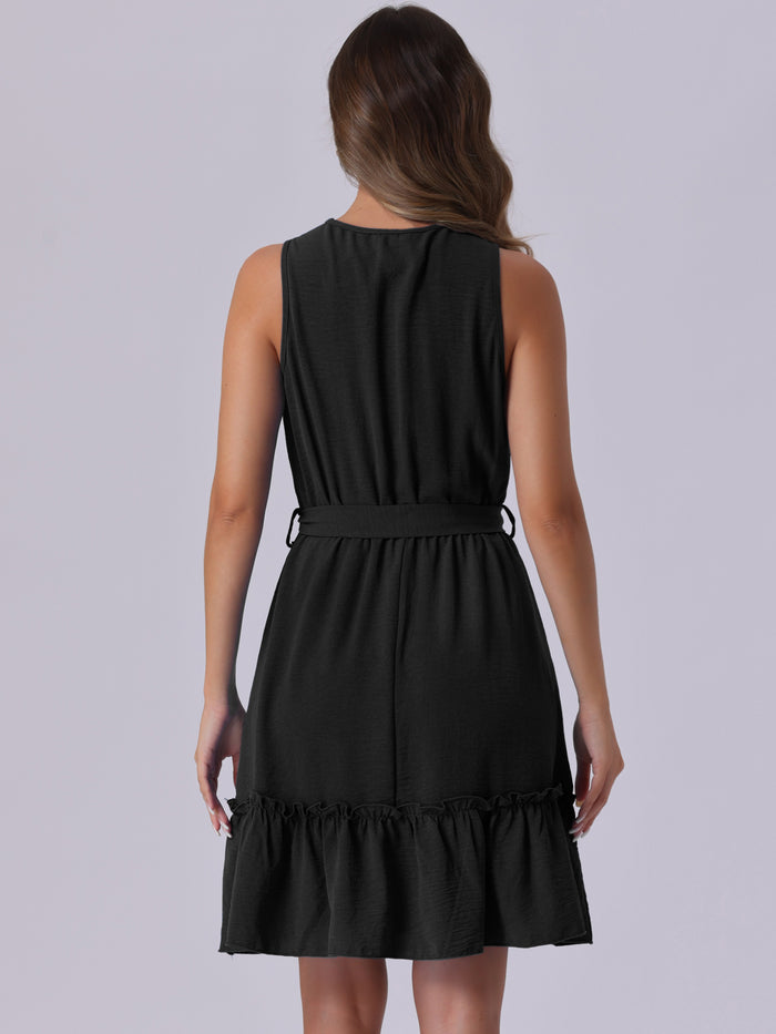 Allegra K Ruffled Hem V Neck Sleeveless Bohemian Midi Dress