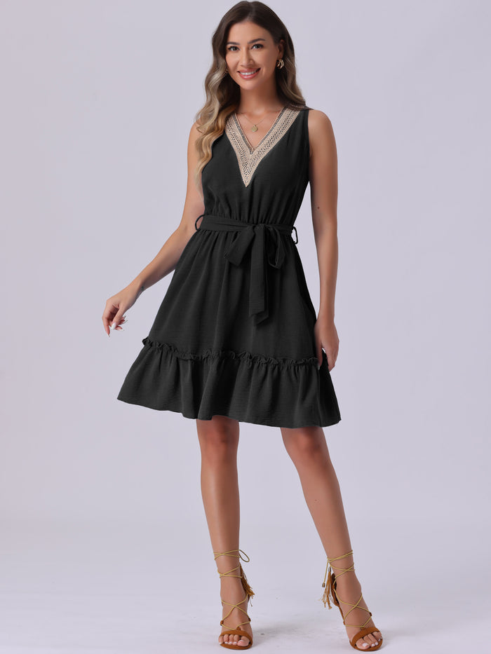 allegra k Ruffled Hem V Neck Sleeveless Bohemian Midi Dress