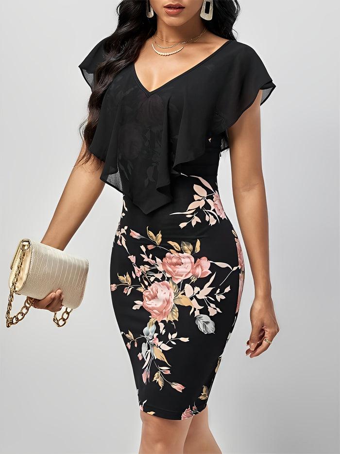 Allegra K Ruffled Mesh Short Sleeves Floral Bodycon Midi Dress