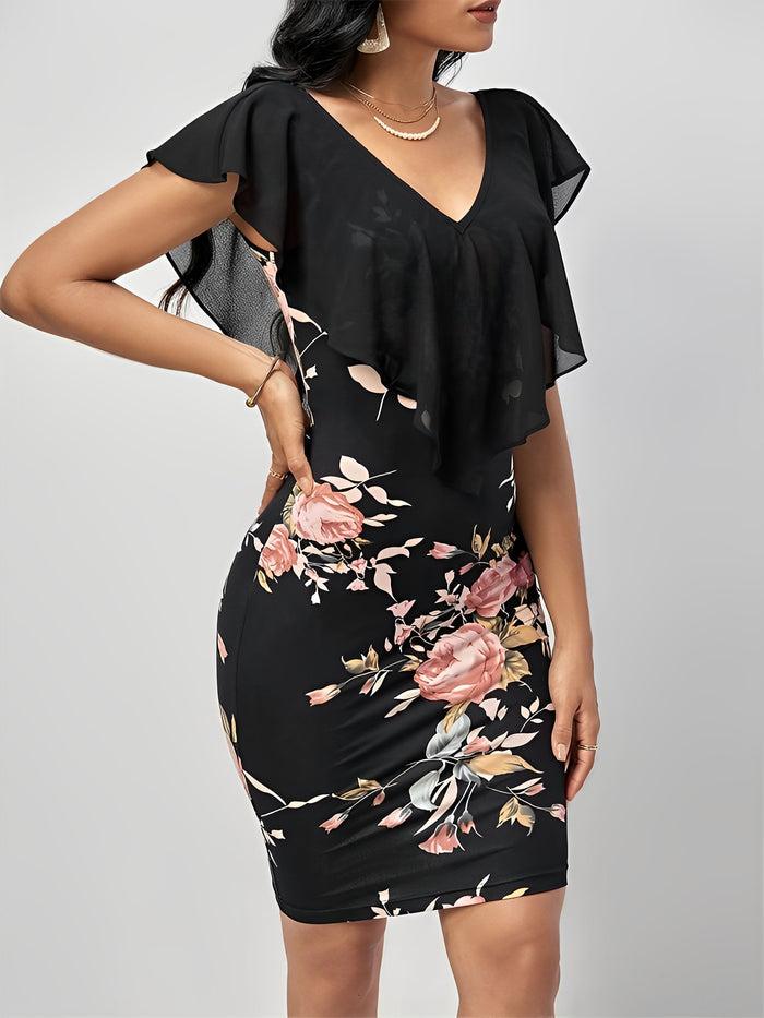 Allegra K Ruffled Mesh Short Sleeves Floral Bodycon Midi Dress