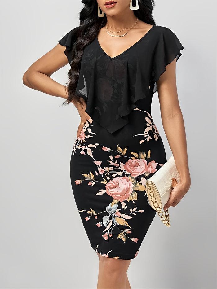 allegra k Ruffled Mesh Short Sleeves Floral Bodycon Midi Dress