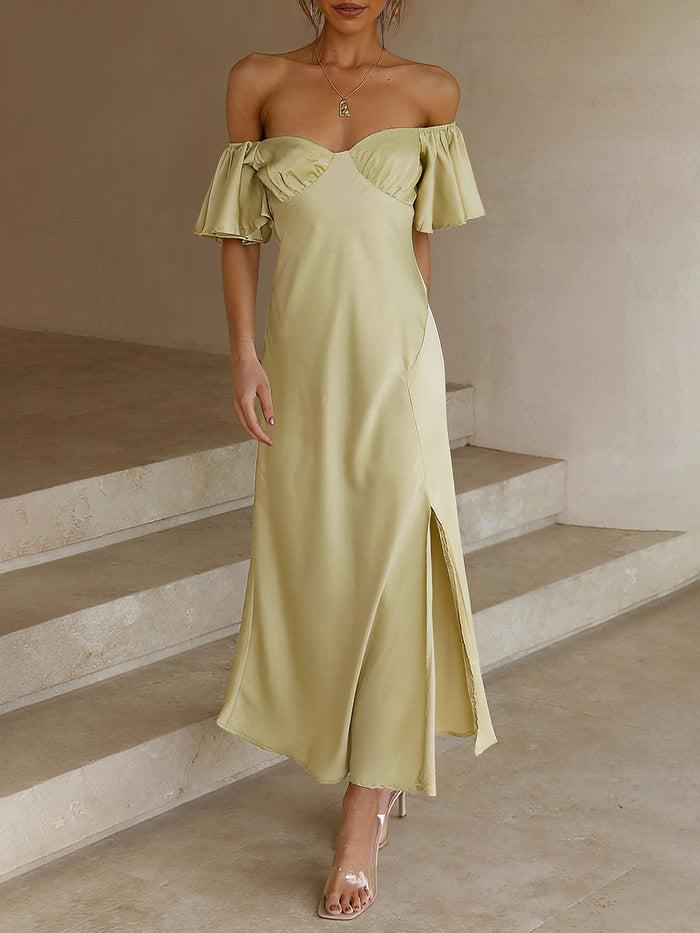 Allegra K Ruffled Off Shoulder Slit Satin Midi Wedding Dress