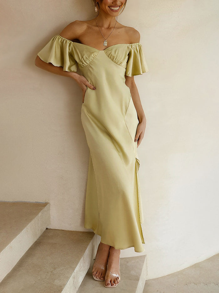 Allegra K Ruffled Off Shoulder Slit Satin Midi Wedding Dress