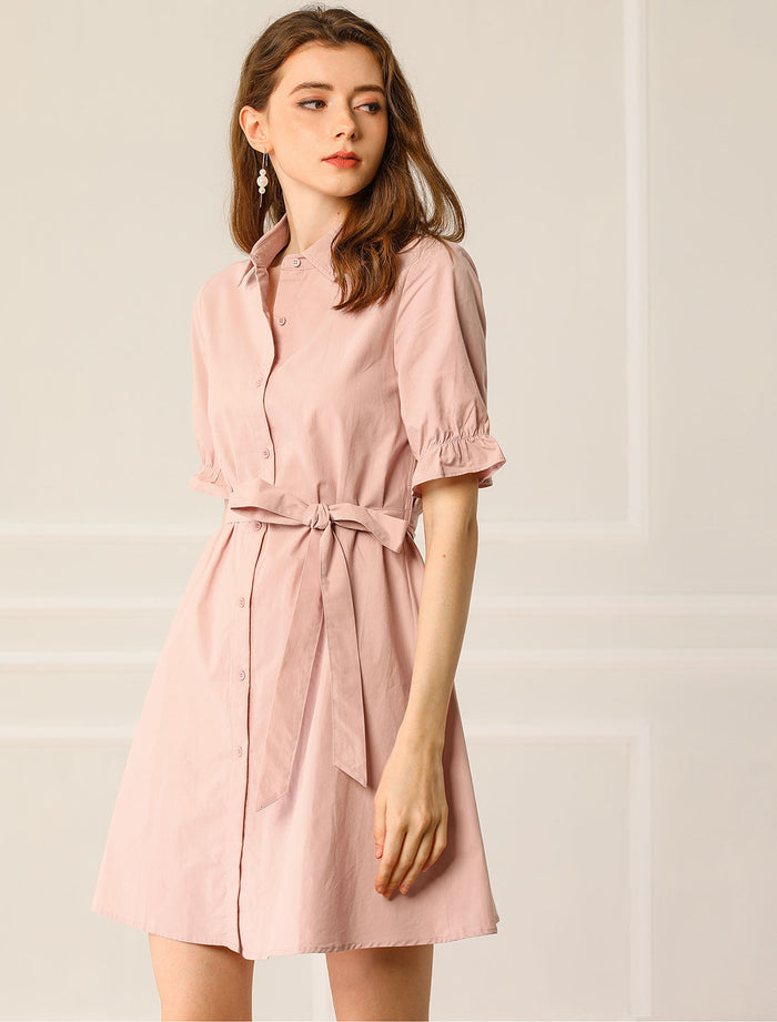 Allegra K Ruffled Short Sleeve Cotton Solid Belted Button Down Shirt Dress