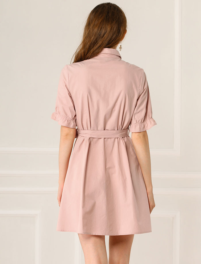 Allegra K Ruffled Short Sleeve Cotton Solid Belted Button Down Shirt Dress