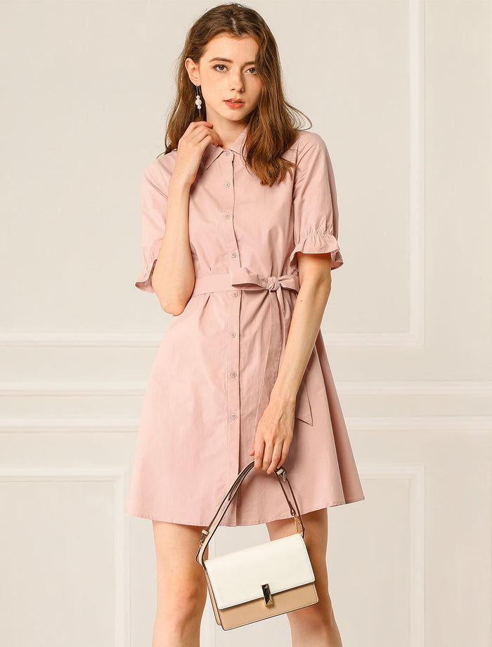 allegra k Ruffled Short Sleeve Cotton Solid Belted Button Down Shirt Dress