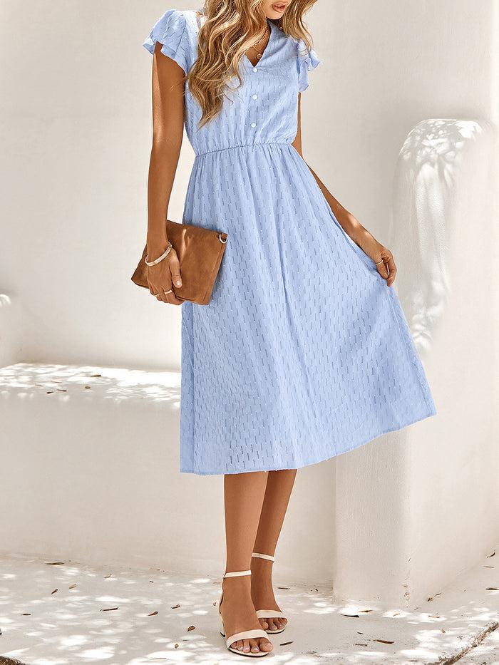 Allegra K Ruffled Short Sleeves Textured A-Line Midi Dress