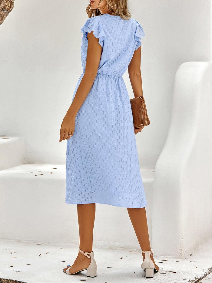 Allegra K Ruffled Short Sleeves Textured A-Line Midi Dress