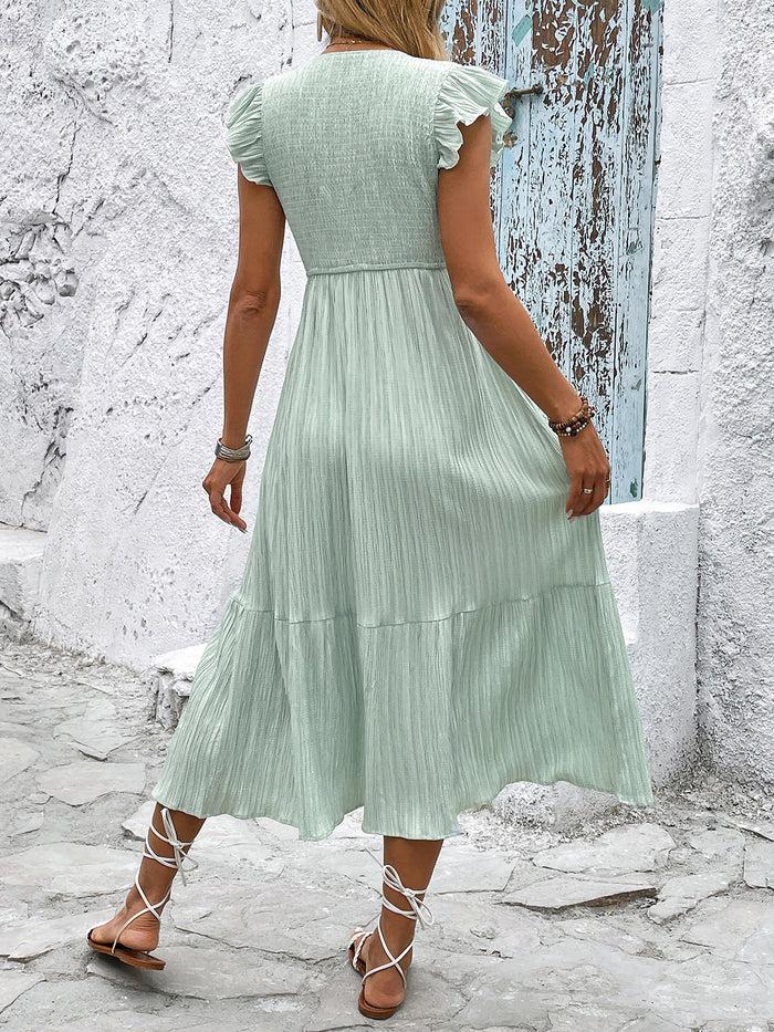 Allegra K Ruffled Sleeves V Neck Smocked Slit Midi Dress