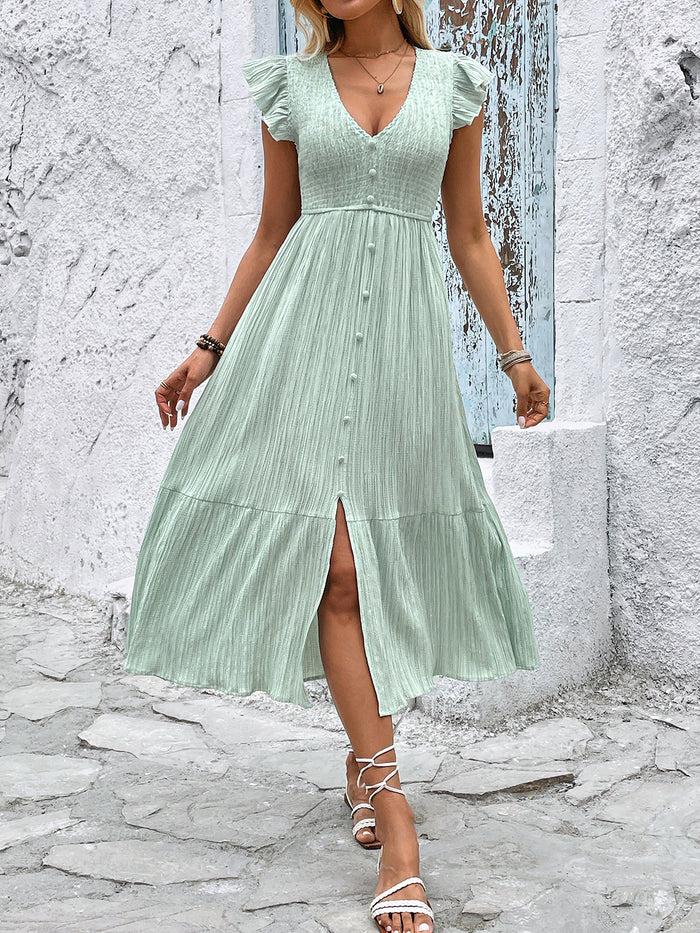allegra k Ruffled Sleeves V Neck Smocked Slit Midi Dress