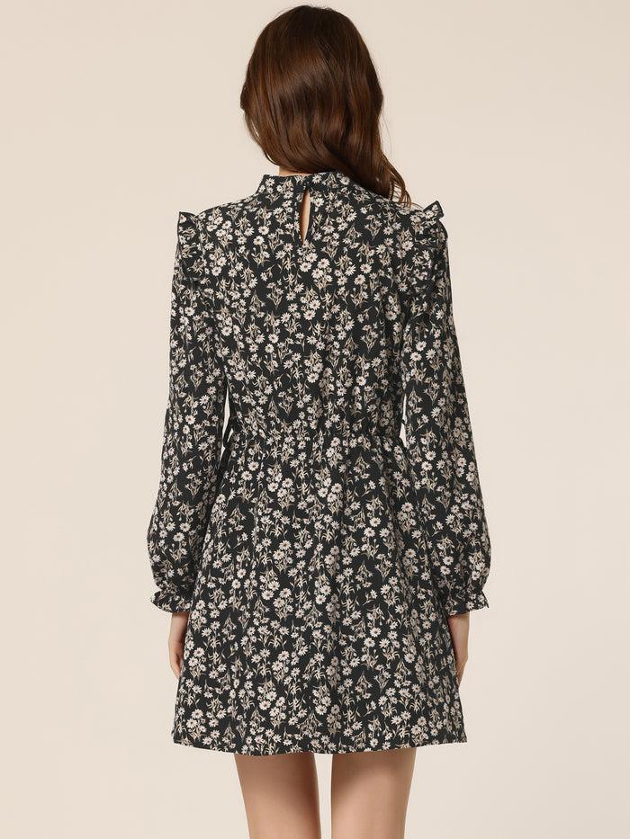 Allegra K Ruffled Trim Stand Collar Belted Vintage Daisy Floral Dress