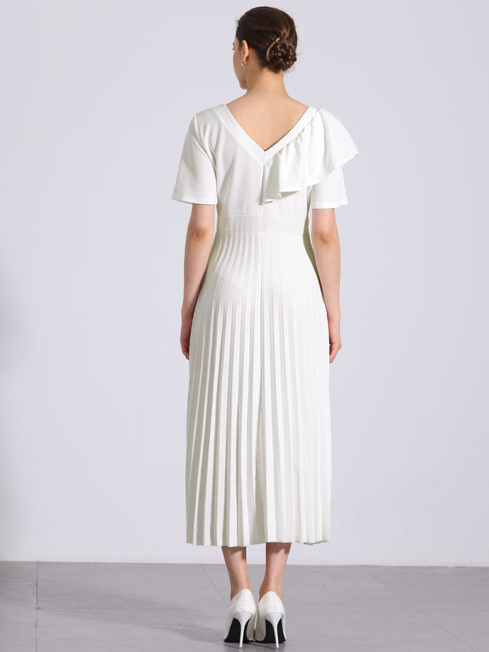 Allegra K Ruffles Short Sleeve Asymmetrical Neck Pleated Midi Dress