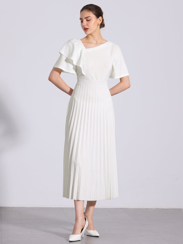 allegra k Ruffles Short Sleeve Asymmetrical Neck Pleated Midi Dress
