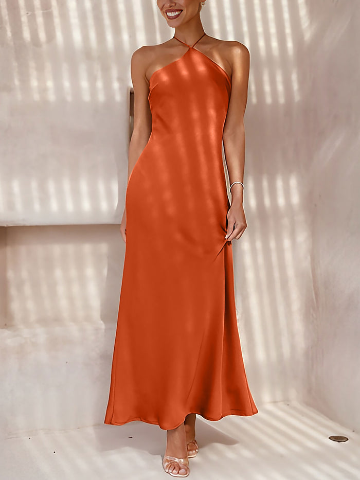 Allegra K Satin Halter Sleeveless Backless Wedding Maxi Dress