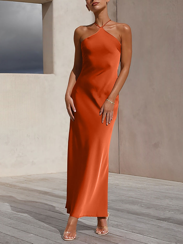 Allegra K Satin Halter Sleeveless Backless Wedding Maxi Dress