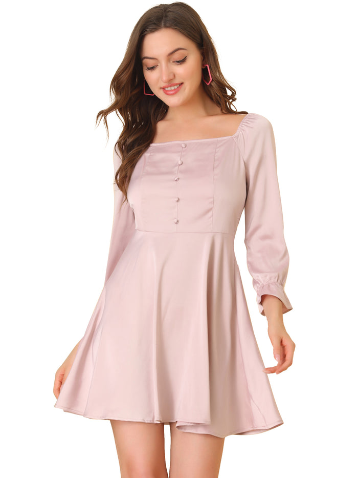Allegra K Satin Mini Square Neck Long Sleeve Fit And Flare Dress