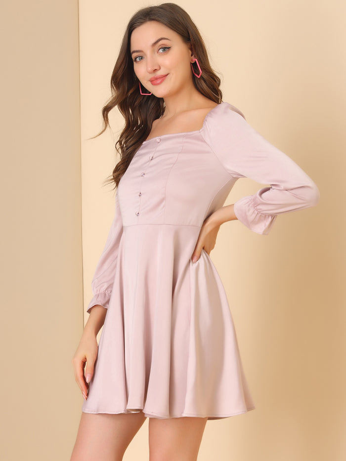 Allegra K Satin Mini Square Neck Long Sleeve Fit And Flare Dress