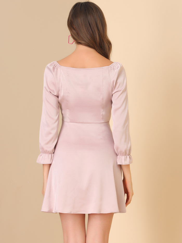 Allegra K Satin Mini Square Neck Long Sleeve Fit And Flare Dress