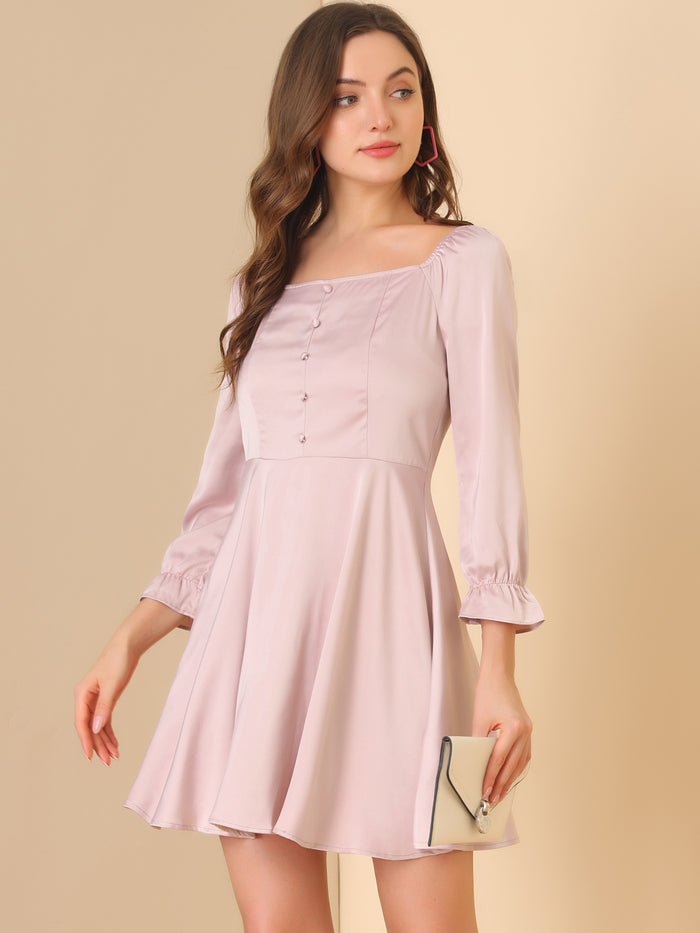 allegra k Satin Mini Square Neck Long Sleeve Fit and Flare Dress
