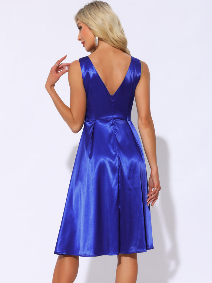 Allegra K Satin Sleeveless Boat Neck A-Line Cocktail Evening Dress