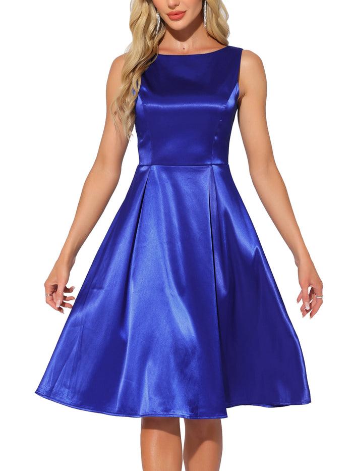 Allegra K Satin Sleeveless Boat Neck A-Line Cocktail Evening Dress