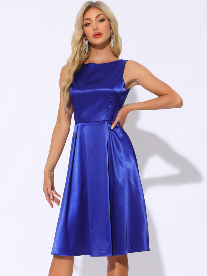 allegra k Satin Sleeveless Boat Neck A-Line Cocktail Evening Dress