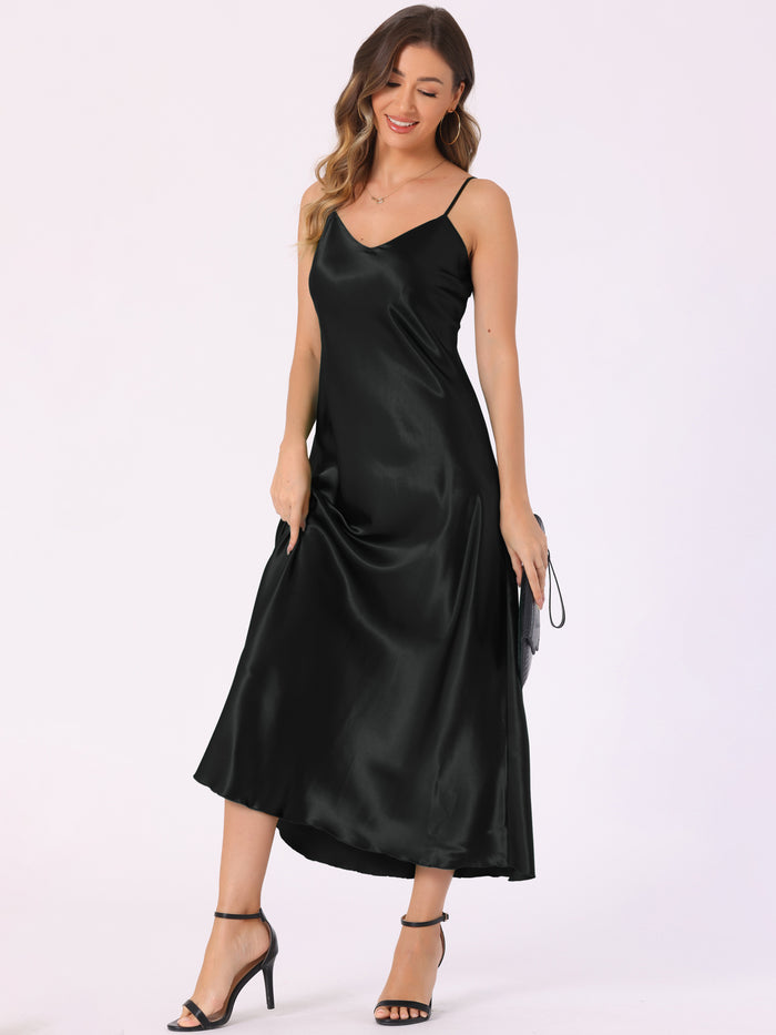 allegra k Satin Sleeveless Spaghetti Strap Maxi Dress