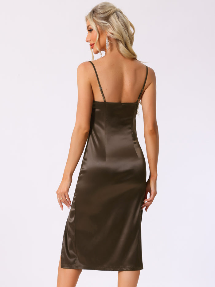 Allegra K Satin Sleeveless Spaghetti Strap Ruched Slit Midi Dress