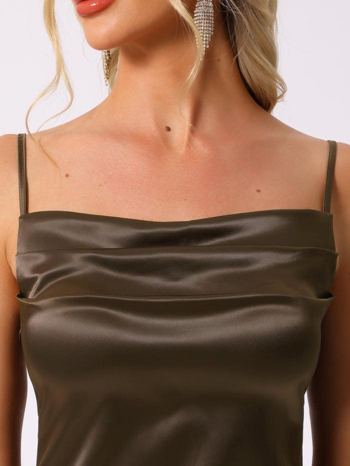 Allegra K Satin Sleeveless Spaghetti Strap Ruched Slit Midi Dress