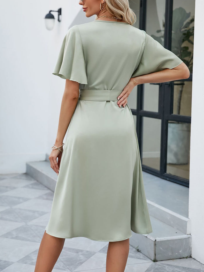 Allegra K Satin V Neck Flare Sleeve Tie Waist Midi Dress