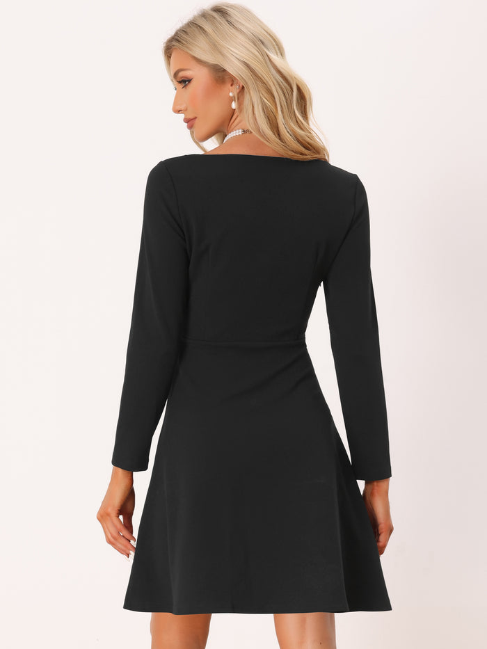 Allegra K Scoop Neck Beaded Long Sleeve High Waist Elegant Flared Dress