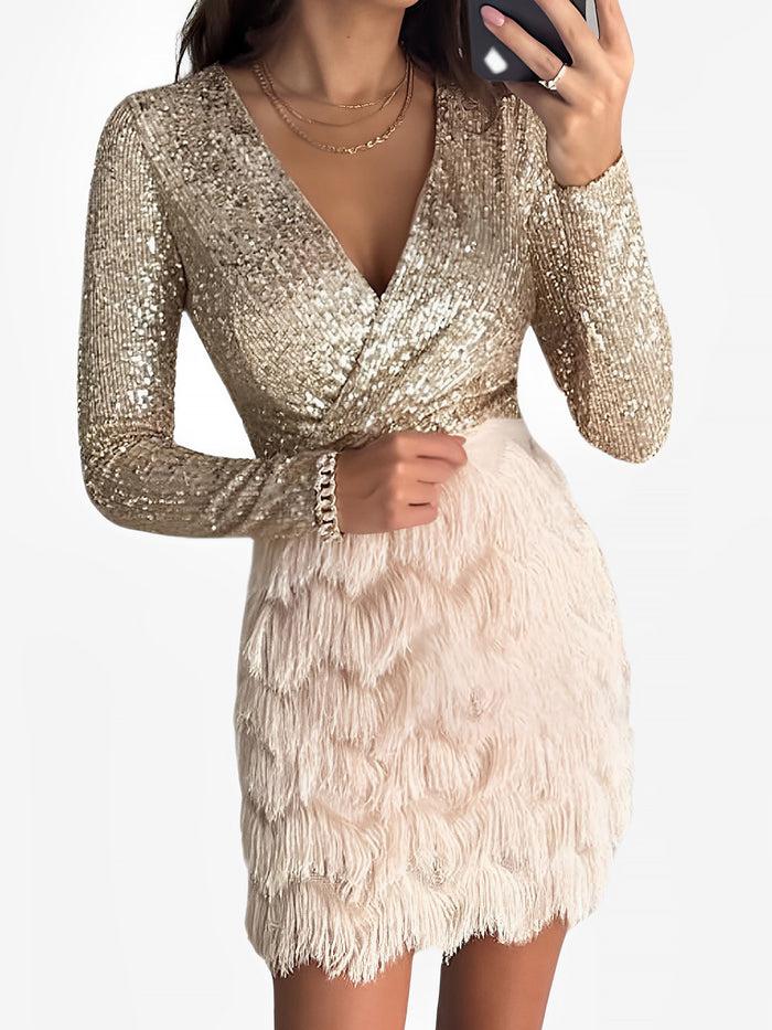 allegra k Sequin Glitter Fringe Patchwork Bodycon Mini Dress