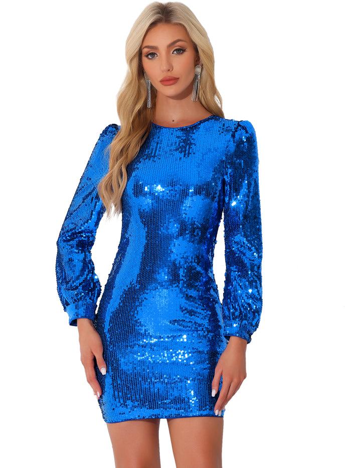 Allegra K Sequin Lantern Long Sleeve Sparkle Bodycon Party Club Mini Dress