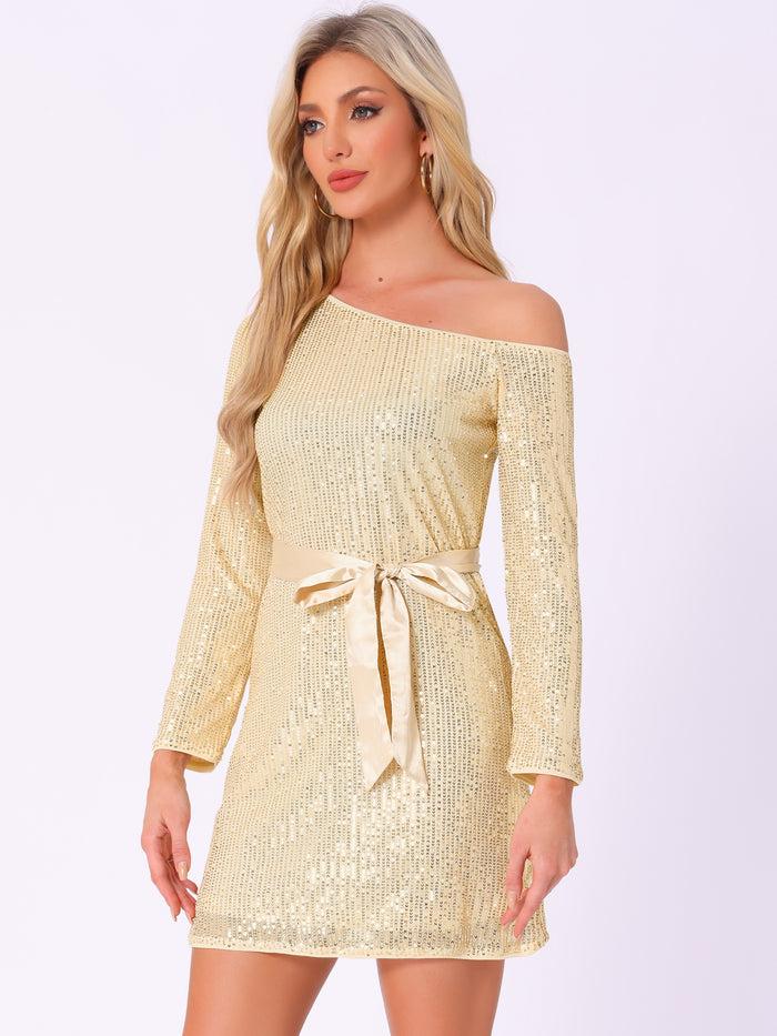 allegra k Sequin Long Sleeve One Shoulder Sparkly Glitter Belted Dress