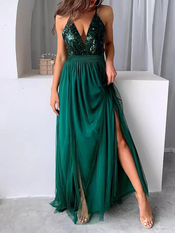 Allegra K Sequin Mesh Spaghetti Strap Backless Slit Maxi Dress