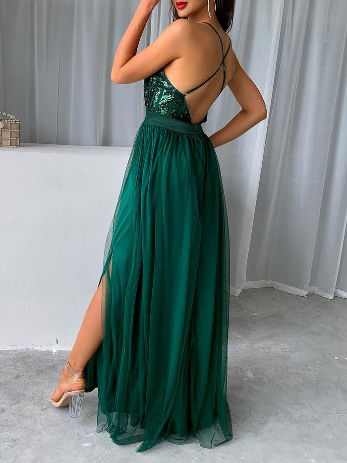 Allegra K Sequin Mesh Spaghetti Strap Backless Slit Maxi Dress