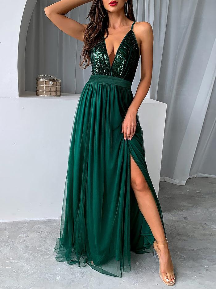 Allegra K Sequin Mesh Spaghetti Strap Backless Slit Maxi Dress