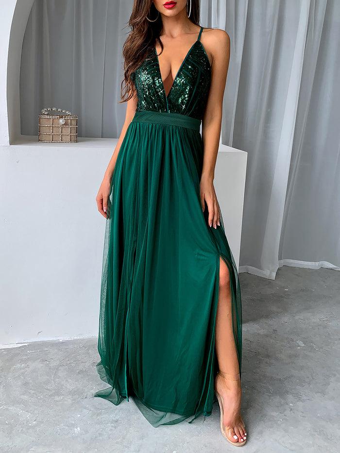 allegra k Sequin Mesh Spaghetti Strap Backless Slit Maxi Dress