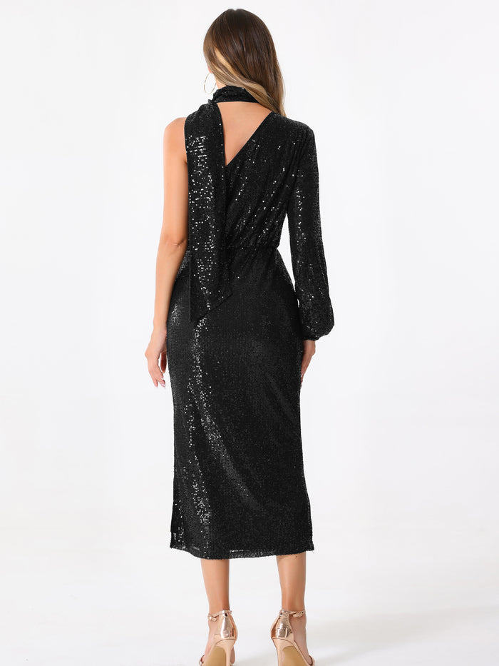 Allegra K Sequin One Shoulder Long Sleeve Slit Sheath Midi Dress