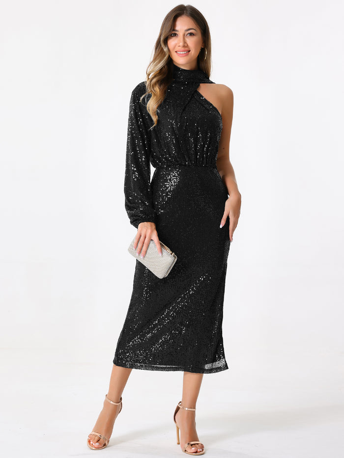 allegra k Sequin One Shoulder Long Sleeve Slit Sheath Midi Dress