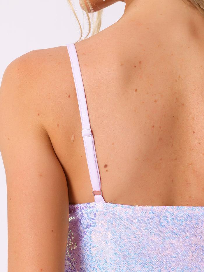 Allegra K Sequin Spaghetti Straps Tassel Bodycon Mini Dress