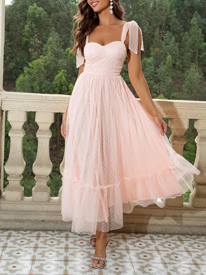 Allegra K Sexy Sheer Swiss Dots Mesh Lace-Up Sleeveless Maxi Party Dress