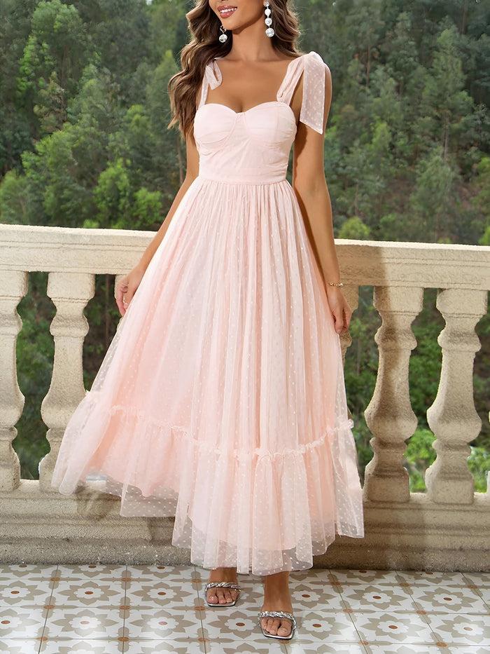 Allegra K Sexy Sheer Swiss Dots Mesh Lace-Up Sleeveless Maxi Party Dress