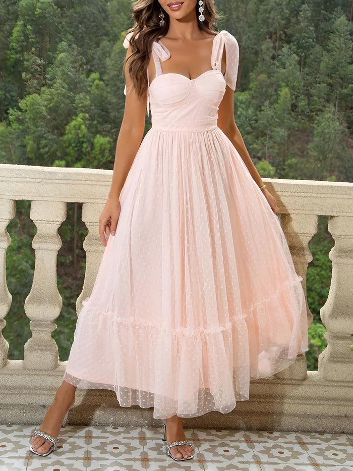 allegra k Sexy Sheer Swiss Dots Mesh Lace-Up Sleeveless Maxi Party Dress