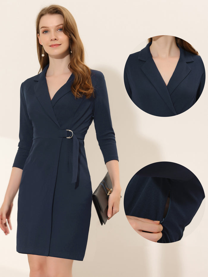 allegra k Sheath 3/4 Sleeve Knit Lapel Collar Belted Work Office Dress