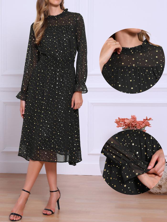 Allegra K Sheer Sleeve Smocked Waist Metallic Stars Midi Dress